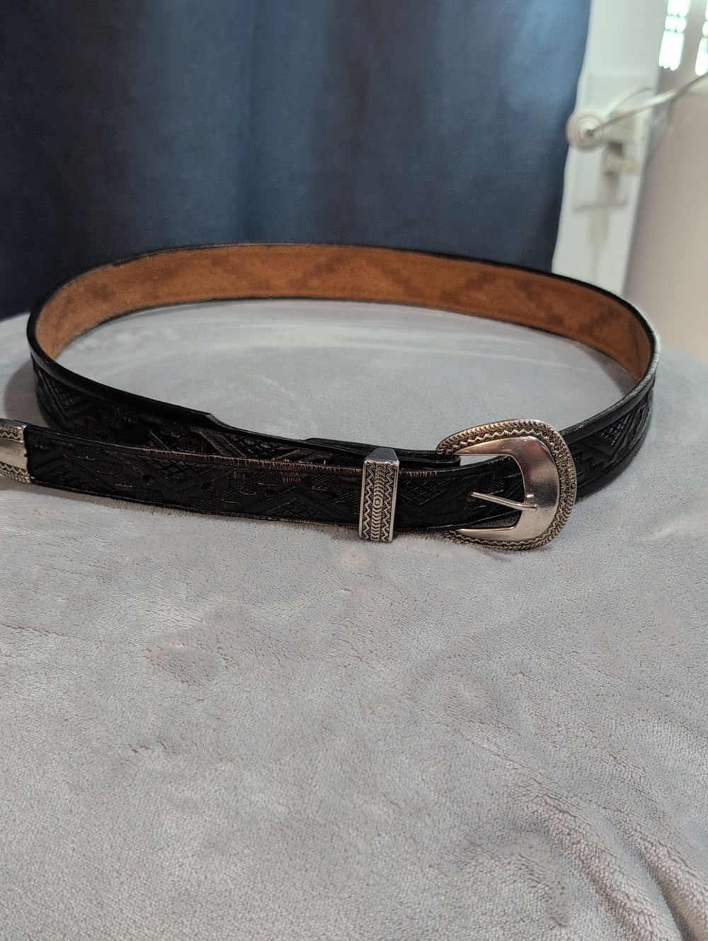 Women's Black Tooled Leather Belt with Decorative Silver Buckle